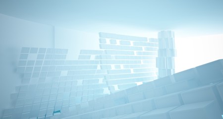 Abstract white and blue water parametric interior with window. 3D illustration and rendering.
