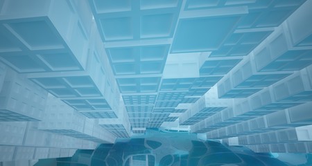 Abstract white and blue water parametric interior with window. 3D illustration and rendering.