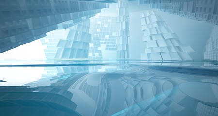 Obraz premium Abstract white and blue water parametric interior with window. 3D illustration and rendering.
