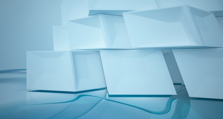 Obraz premium Abstract white and blue water parametric interior with window. 3D illustration and rendering.