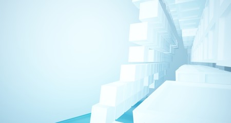 Fototapeta premium Abstract white and blue water parametric interior with window. 3D illustration and rendering.