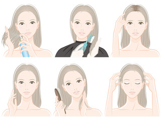 ヘアケアをしている女性のイラスト