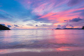 Beautiful sunset with landscape view from ao phrao, samet island in Thailand.