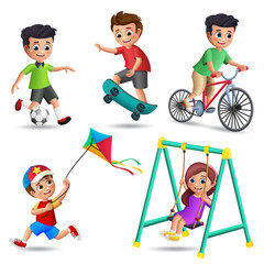 Kids playing vector characters set. Young boys and girls happy playing outdoor activities and sports like playing soccer, skateboard, kite, swing and bike isolated in white background. Vector 