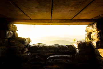 inside of bunker soldier for sniper on mountain