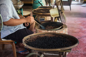 soft focus Traditional coffee beans roasting.Smoke in the coffee pan.