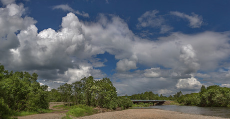 The taiga river slowly flows under the palms