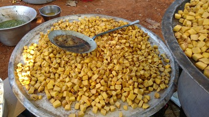 elephant foot yam pieces to cook a south Indian recipe in a traditional marriage