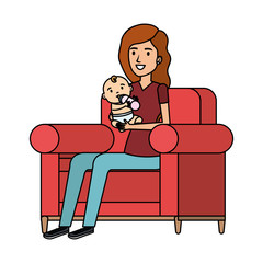 mother lifting little baby seated in sofa