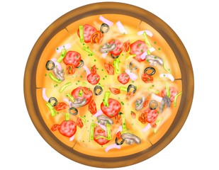 Italian food style, Top view of izza topping with mixed vegetables on wooden cutting board isolated on white background, Hand drawn of collection food concept, Great for menu