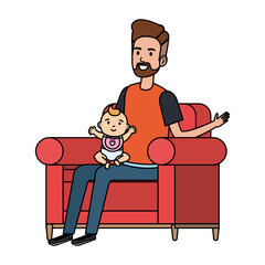 father lifting little baby in the sofa characters