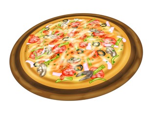 Italian food style, Top view of izza topping with mixed vegetables on wooden cutting board isolated on white background, Hand drawn of collection food concept, Great for menu