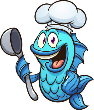 Cartoon chef fish with soup spoon clip art. Vector illustration with simple gradients. All in a single layer. 