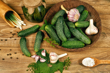 Fresh and pickled cucumbers, homemade canned vegetables for the winter