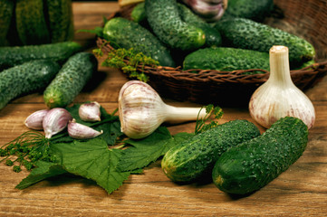 Fresh and pickled cucumbers, homemade canned vegetables for the winter