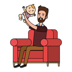 father lifting little baby in the sofa characters
