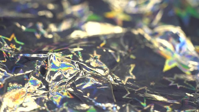 Holographic Real Silver Texture. Color Wrinkled Foil. Rainbow Foil Abstract Background