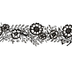 black and white lines of graphic flowers, leaves and insects