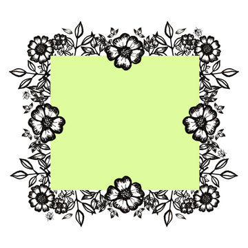square frame of black and white graphic flowers, leaves and insects with a green background