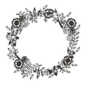 frame of black and white graphic flowers, leaves and insects, green square