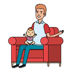father lifting little baby in the sofa characters