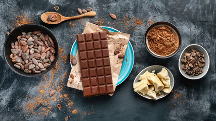Cacao beans, powder, cacao butter  and chocolate bar