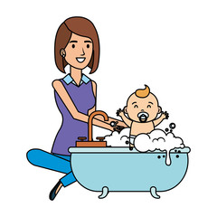 mother with baby bathing in the bathtub