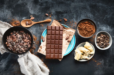 Cacao beans, powder, cacao butter  and chocolate bar