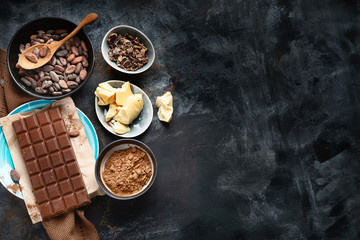 Cacao beans, powder, cacao butter  and chocolate bar