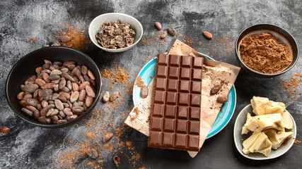 Cacao beans, powder, cacao butter  and chocolate bar