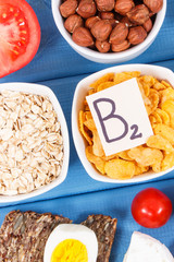 Healthy ingredients as source minerals, vitamin B2 and dietary fiber, nutritious eating concept
