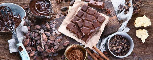 Cacao beans, powder, cacao butter,  chocolate bar and chocolate sauce