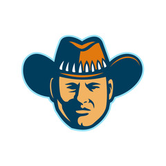 Mascot icon illustration of head of an Aussie or Australian stockman, cowboy, jackaroo or buckaroo wearing hat viewed from front on isolated background in retro style.