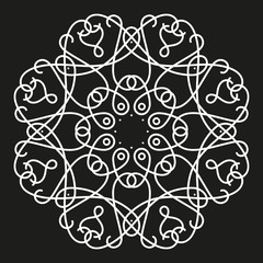 white round symmetrical pattern on black. fancy decorative mandala