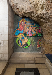 Religious drawing on the wall in the cave in the Church of Saint Anne near Pools of Bethesda in the old city of Jerusalem, Israel