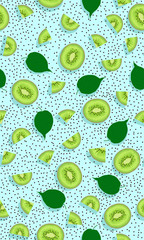 Seamless pattern fruit kiwi piece with seed and leaves on blue background, Vector illustration
