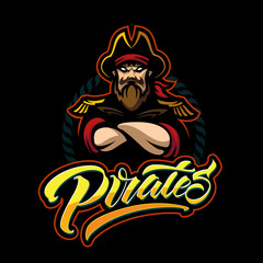 Cartoon style pirate emblem pirates for baseball team. Handmade lettering logotype. Pirates modern typography isolated black background for t-shirt, banner, card, postcard, sale