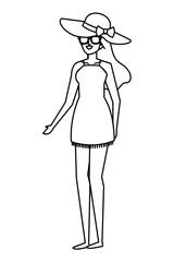 beautiful girl with swimsut and sunglasses , hat