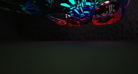 Abstract black and colored gradient glasses interior multilevel public space with neon lights. 3D illustration and rendering.