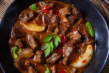 classic beef goulash with peppers and onions