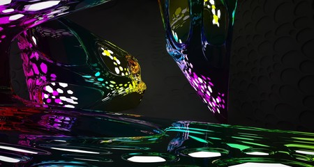Abstract black and colored gradient glasses interior multilevel public space with neon lights. 3D illustration and rendering.