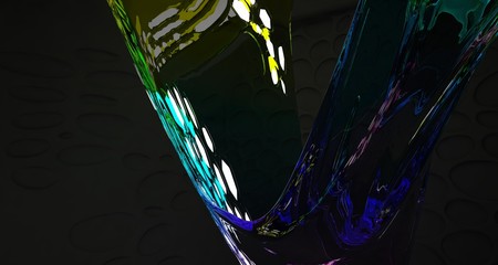 Abstract black and colored gradient glasses interior multilevel public space with neon lights. 3D illustration and rendering.