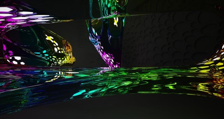 Abstract black and colored gradient glasses interior multilevel public space with neon lights. 3D illustration and rendering.