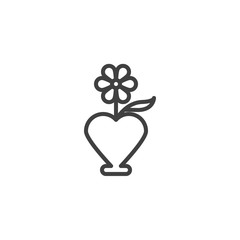 Flower in heart vase line icon. linear style sign for mobile concept and web design. Flower pot outline vector icon. Symbol, logo illustration. Vector graphics