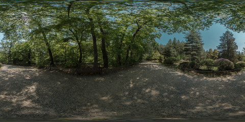 Pocheon, South Korea - 7 May 2019 Korea National Arboretum. 360 degrees spherical panorama of spring nature in forest.