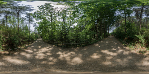 Pocheon, South Korea - 7 May 2019 Korea National Arboretum. 360 degrees spherical panorama of spring nature in forest.