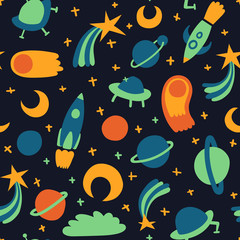 Space seamless pattern with spaceships, planets, comets, shooting stars and sparkles. Vector abstract childish repeatable background.