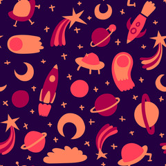 Space seamless pattern with spaceships, planets, comets, shooting stars and sparkles. Vector abstract childish repeatable background.