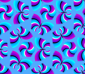 Blue and purple background with flowers and butterflies. Spin illusion. Seamless pattern.