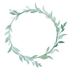 watercolor green leaves  isolated on white. Sketched wreath, floral and herbs garland. Handdrawn watercolour illustration